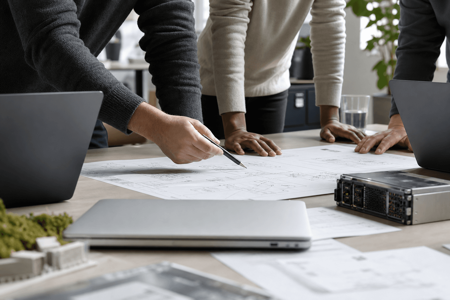 Engineers reviewing cloud architecture sketches around a work table